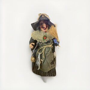 Vintage Halloween Paper Mache Witch Figurine Stiffen Fabric Big Nose Scarry